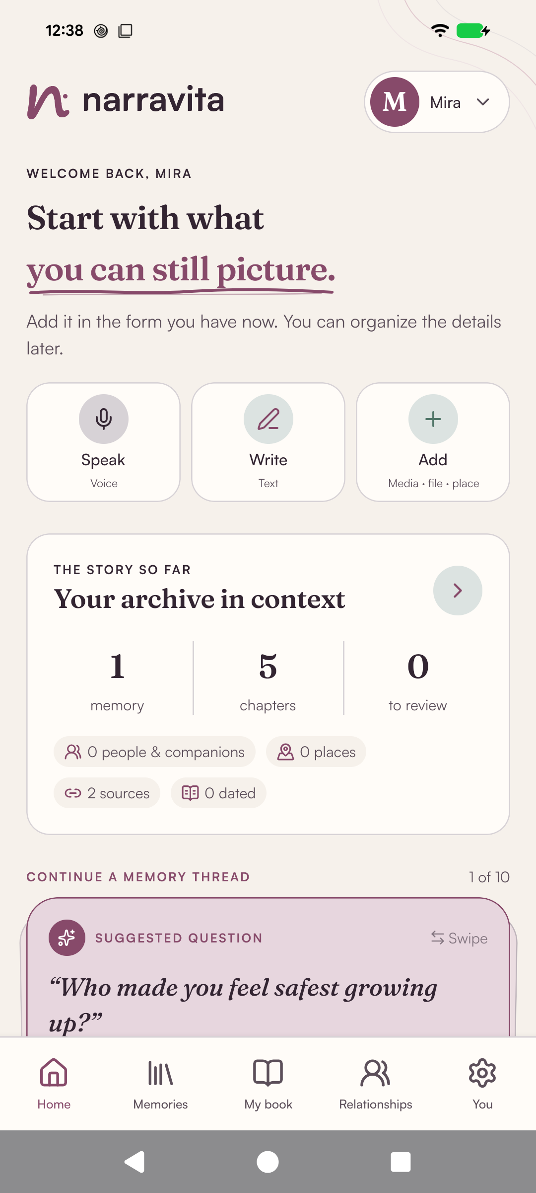 Narravita Android home: Speak, Write and Add actions, a story overview and a suggested question in the fictional Mira archive.